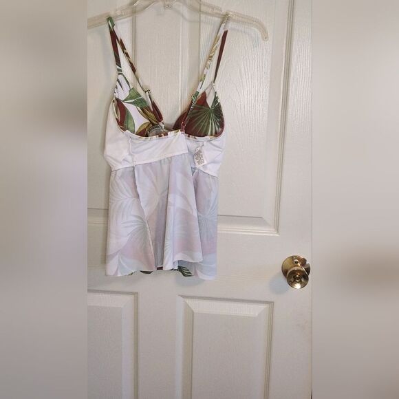 Shade & Shore L Cross Back Green Brown Leaf Print One Piece Women's Swim Top - Picture 13 of 13